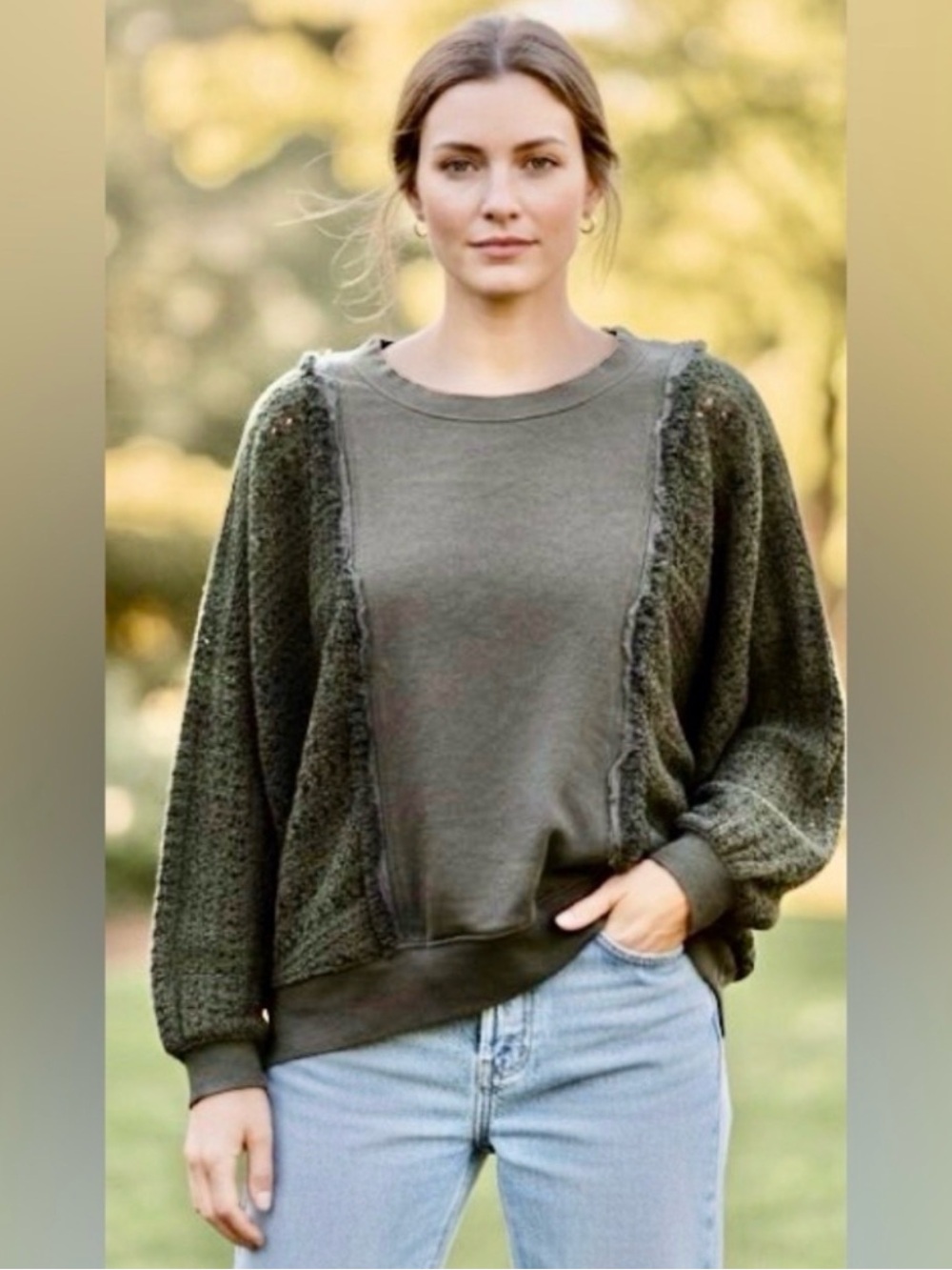 Olive Green Mixed-Knit Crewneck Sweater Casual Jersey Rocks & Indigo